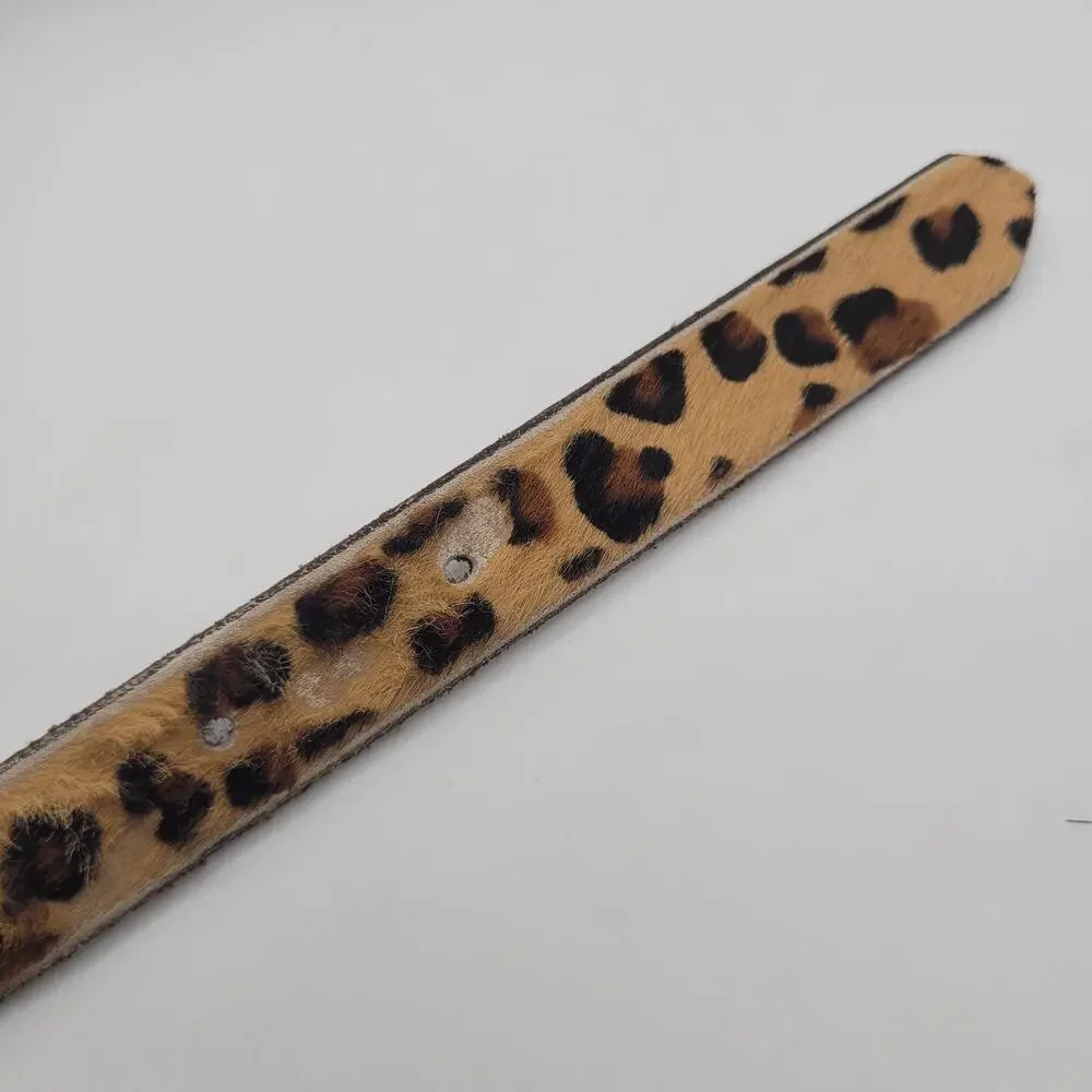 J.CREW Belt Small Brown Leather Leopard Haircalf Animal Print Skinny Gold Buckle